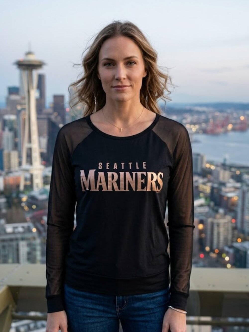 NWT Touch By Alyssa Milano Mesh Sleeve Seattle Mariners Top Black